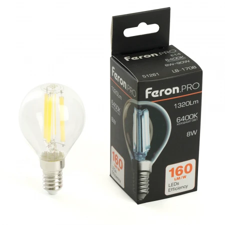 Лампа светодиодная Feron.PRO LB-1708 Шарик E14 1320LM 8W 175-265V 6400K 51261 Лампа светодиодная Feron.PRO LB-1708 Шарик E14 1320LM 8W 175-265V 6400K 51261