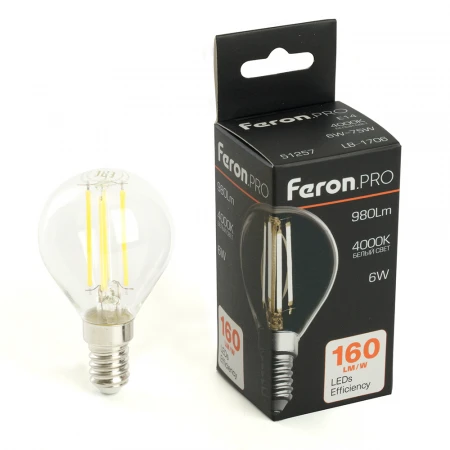 Лампа светодиодная Feron.PRO LB-1706 Шарик E14 980LM 6W 175-265V 4000K 51257 Лампа светодиодная Feron.PRO LB-1706 Шарик E14 980LM 6W 175-265V 4000K 51257
