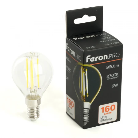 Лампа светодиодная Feron.PRO LB-1706 Шарик E14 960LM 6W 175-265V 2700K 51256 Лампа светодиодная Feron.PRO LB-1706 Шарик E14 960LM 6W 175-265V 2700K 51256