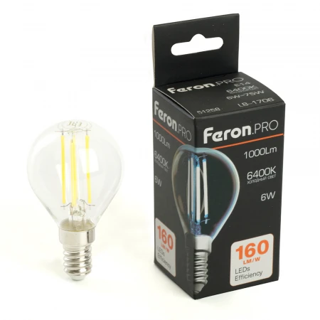 Лампа светодиодная Feron.PRO LB-1706 Шарик E14 1000LM 6W 175-265V 6400K 51258 Лампа светодиодная Feron.PRO LB-1706 Шарик E14 1000LM 6W 175-265V 6400K 51258