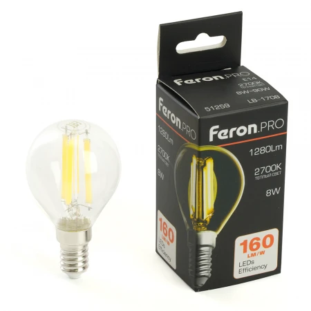 Лампа светодиодная Feron.PRO LB-1708 Шарик E14 1280LM 8W 175-265V 2700K 51259 Лампа светодиодная Feron.PRO LB-1708 Шарик E14 1280LM 8W 175-265V 2700K 51259