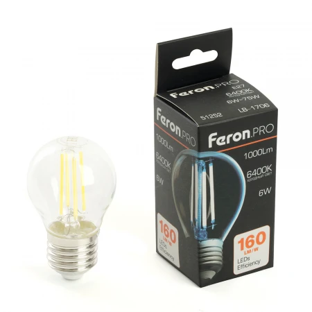 Лампа светодиодная Feron.PRO LB-1706 Шарик E27 1000LM 6W 175-265V 6400K 51252 Лампа светодиодная Feron.PRO LB-1706 Шарик E27 1000LM 6W 175-265V 6400K 51252