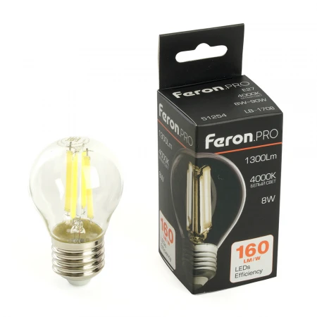 Лампа светодиодная Feron.PRO LB-1708 Шарик E27 1300LM 8W 175-265V 4000K 51254 Лампа светодиодная Feron.PRO LB-1708 Шарик E27 1300LM 8W 175-265V 4000K 51254